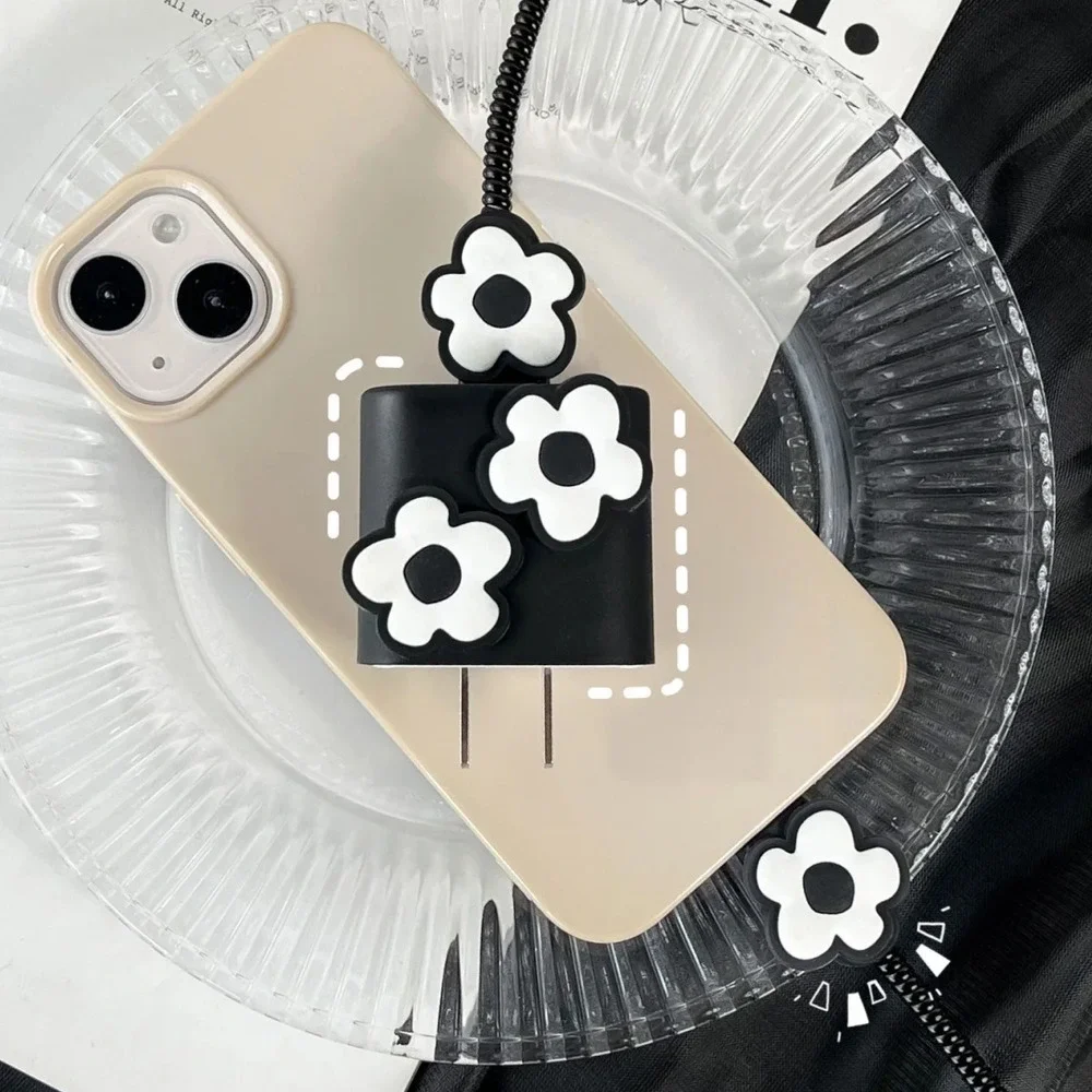 Black White Flowers iPhone Charger Cover Cable Protector P60